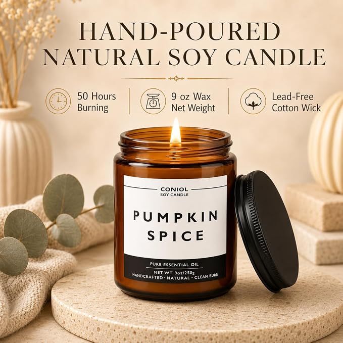 Pumpkin Spice Scented Candles for Home, Natural Soy Wax Candle with Essential Oils, 9oz Amber Jar Aromatherapy Candel, 50H Long & Non-Toxic Burning, Hand Poured, Giftable, Relaxation, Birthday