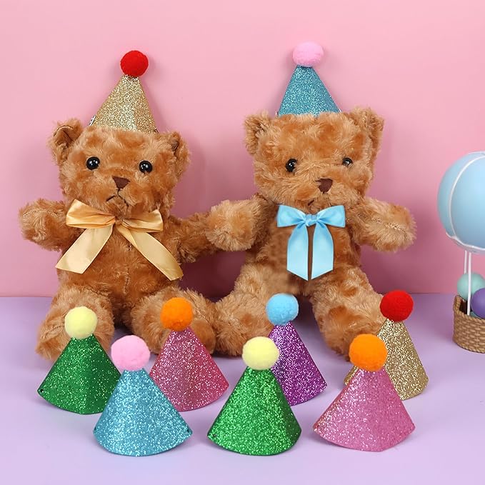 12 Pack Mini Party Hats for Stuffed Animals, Gittter Sequin Mini Hats for Plush Toy Dolls Dog Cat Puppies Birthday Party Decorations - No Assembly Required