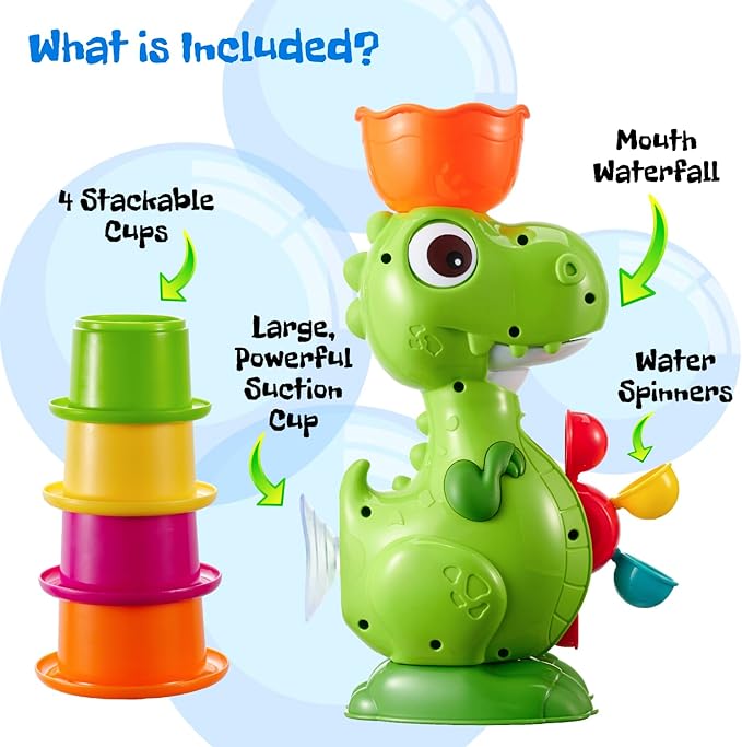 Dinosaur Bath Toys for Kids Ages 1-3, Baby Bath Toy with 4 Water Cups and Spinning Wheels, Fun Educational Bathtub Toy for Kids Age 2-4 Boys and Girls, Suction Cup Wall Mount