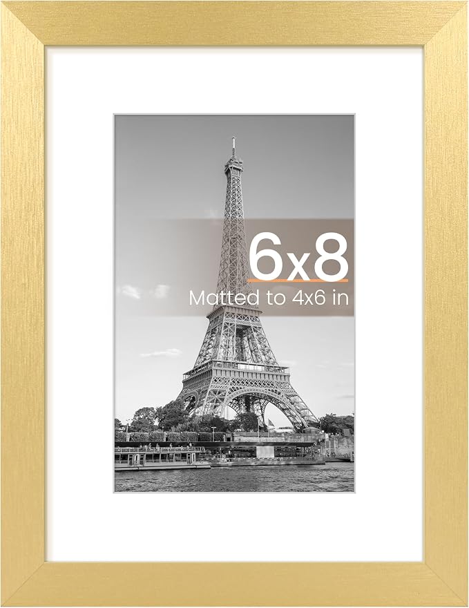 upsimples 6x8 Picture Frame, Display Pictures 3.5x5.5 with Mat or 6x8 Without Mat, Wall Hanging Photo Frame, Gold, 1 Pack