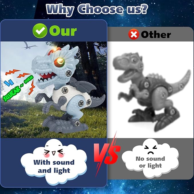 Dinosaur Take Apart Toys for Kids 3-5, STEM Building Construction With Sound and Light, Party Christmas Birthday Gifts for 3-8 Year Old Boys