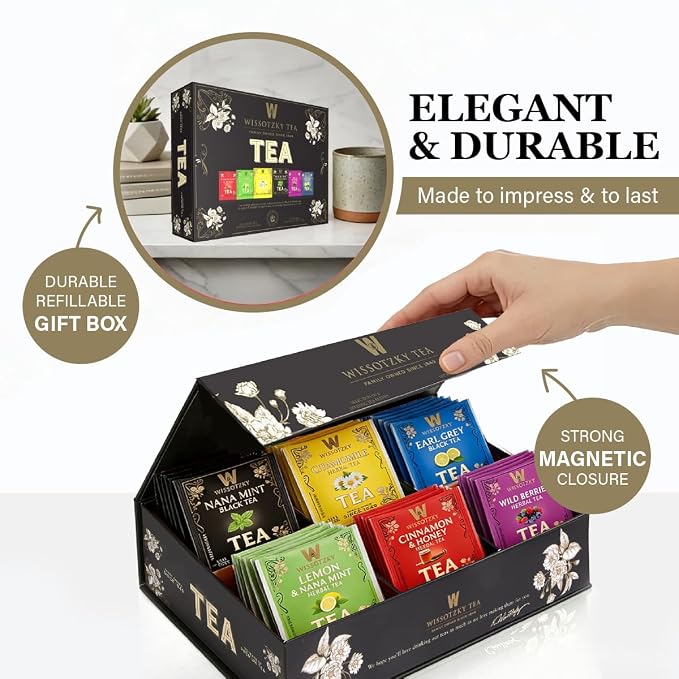 Wissotzky Artisanal Tea Chest Box, Assorted Flavors of Black & Herbal Tea Bags (42 Tea Bags) 6 Flavors | Mothers Day Gift | Tea Sampler Variety Pack | Tea Gift Set | Individually Wrapped | Corporate & Holiday Gifts | Certified Kosher