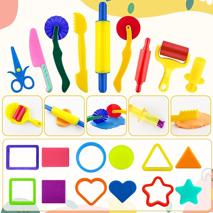 Dough Tool Kit,15 Pcs Basic Dough Play Tools Starter Set for Kids with Cutters,Roller,Rolling Pins,Scissors,Plastic Knife