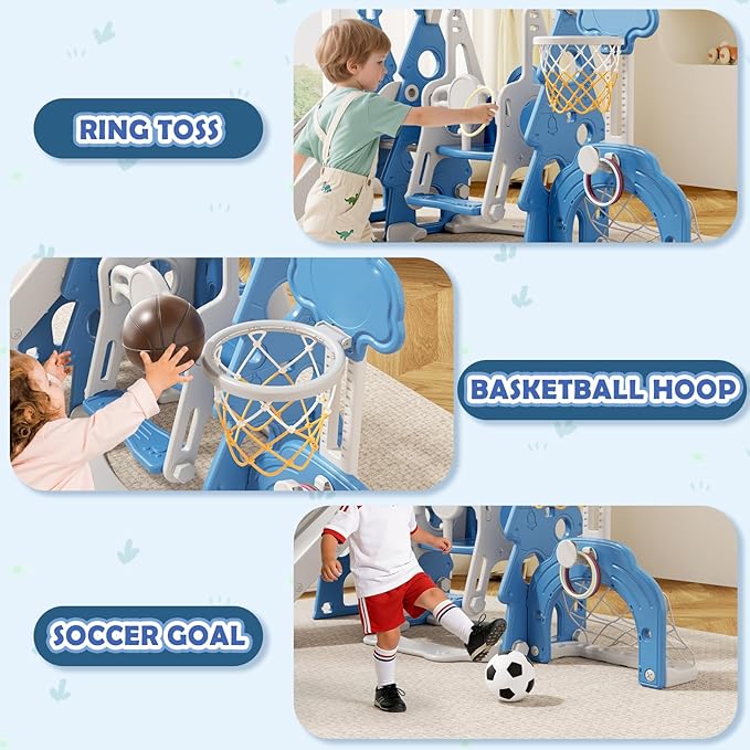 KORIMEFA 6-in-1 Kids Slide and Swing Set, Toddler Slide with Basketball Hoop, Swing, Outdoor Indoor Playground for Toddlers 1-3 Pine Shape Design(6 in1-Blue)