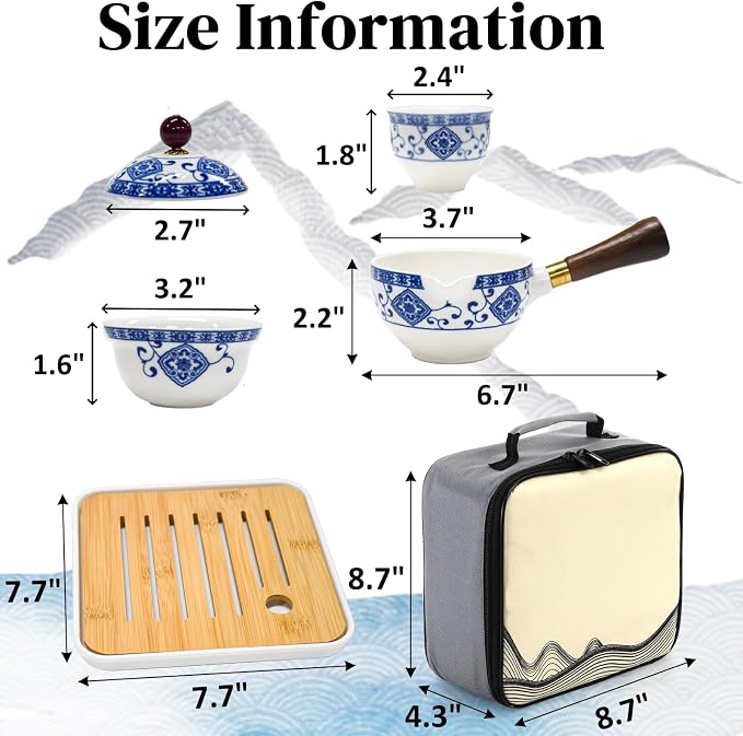 Peohud Chinese Gongfu Tea Set, Portable Porcelain Teapot Set with 360 Rotation Tea maker and Infuser, Teacups, Tea Tray, All in One Bag for Travel, Office, Outdoor, Gift