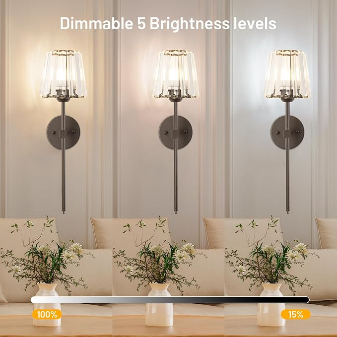Crystal Battery Operated Wall Sconces Set of 2, Brown Rechargeable Wireless Wall Lights with Crystal Lampshade, 12 RGB and 3CCT Dimmable Wall Lamps with Remote for Bedroom Living Room Hallway