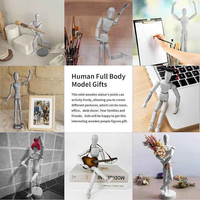 2-Pack 8" Wooden Mannequin Figures Artists Body Dolls Statue Human Action Drawing Model Posable Mini Art Manikin Stop Motion Figure, Wooden Dummy Gifts for Drawing, Painting, Sketching/Grey