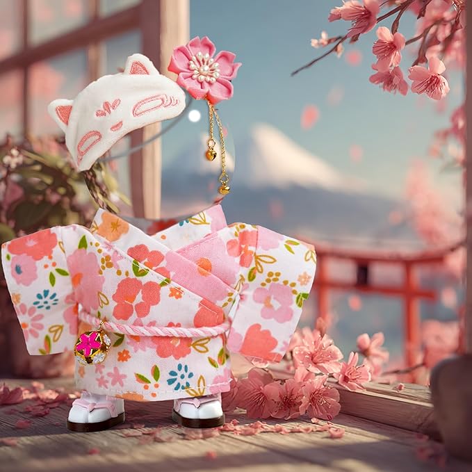 17cm Doll Clothes,Outfit Accessories Kimono Set for 6.7inch Dolls Girls, Kawaii Chic Designer Style Flower Hairbow+Pink Clothing Pajamas+Cute Halloween Mask(NO Doll)