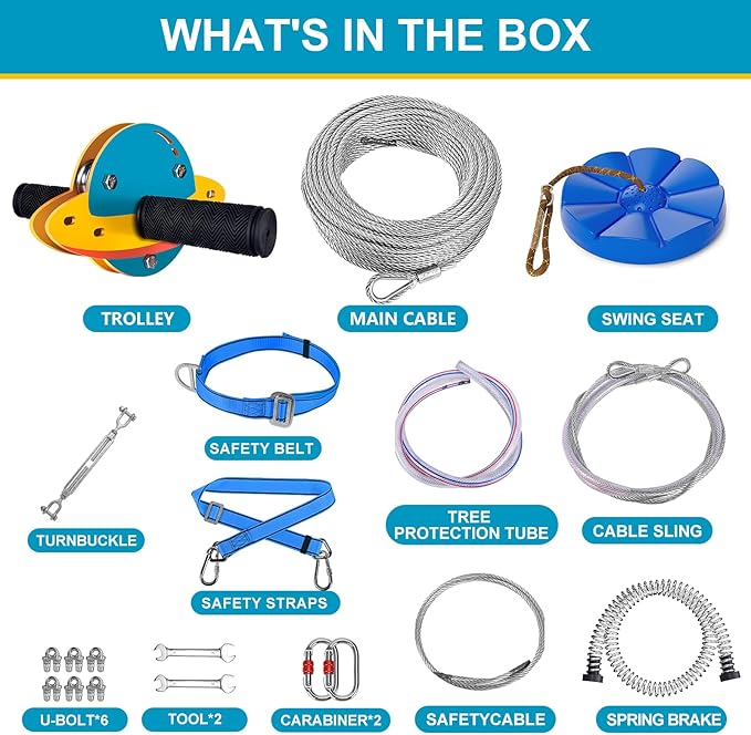 Zip Line Kit for Kids and Adults Outdoor, UFO Trolley 75/100/120/150ft Zipline for Backyard, Up to 350 Lbs, Included Swing Seat, Ziplines Spring Brake and Safety Harness