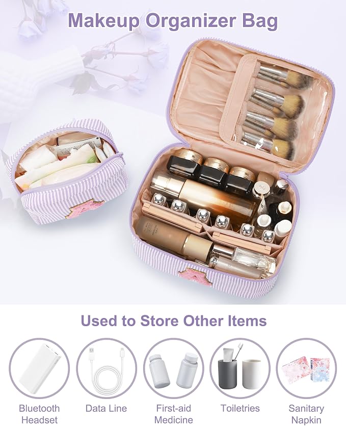 MONSTINA Monogram Cosmetic Bag with Brush Holder,Gifts for Girls Teen Girls-Initial Makeup Bag|Personalized Gifts for Women Friends|Cute Toiletry Make Up Traveling Stuff Organizer 2PCS Purple D