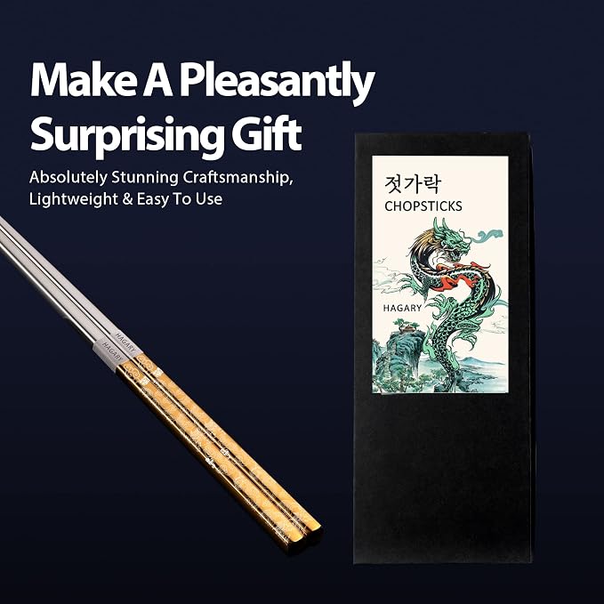 Hagary Dragon Chopsticks Metal Reusable Designed In Korea Japanese Style Stainless Steel 316 18/10 Non-Slip 2 Pairs Dishwasher Safe Laser Etched (Gold)