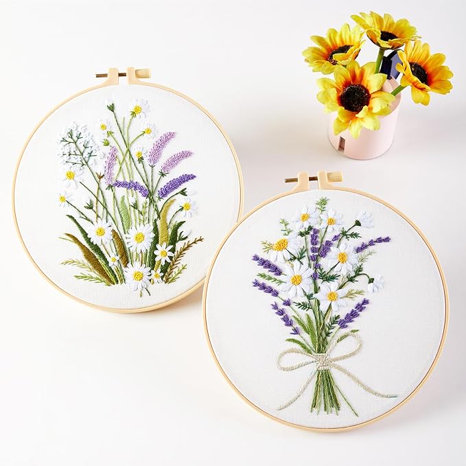 Embroidery Kits for Beginners Adults, Floral Hand Embroidery Set Needlepoint Kits, Flowers Stamped Cross Stitch Kits for Beginners Adults, 2 Embroidery Hoops, Fabric, Thread (Attached Video Tutorial)