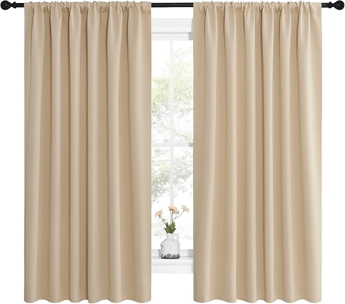 NICETOWN Room Darkening Curtains for Bedroom - Triple Weave Home Decoration Thermal Insulated Solid Drapes for Kitchen (Biscotti Beige, Set of 2 Panels, 62 x 63 Inch)