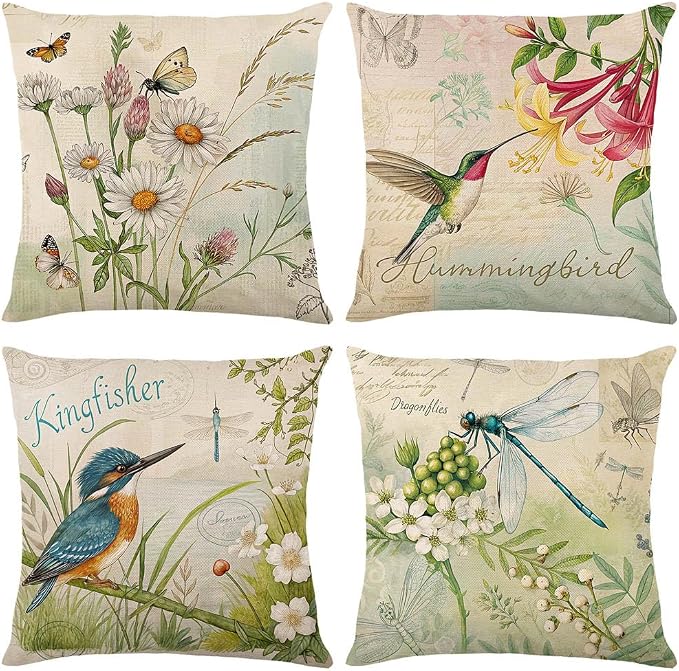 wyooxoo Throw Pillow Covers 18x18 Set of 4 Spring Summer Pillow Covers Flower Bird Farmhouse Outdoor Decorative Cushion Case for Sofa Couch Living Room