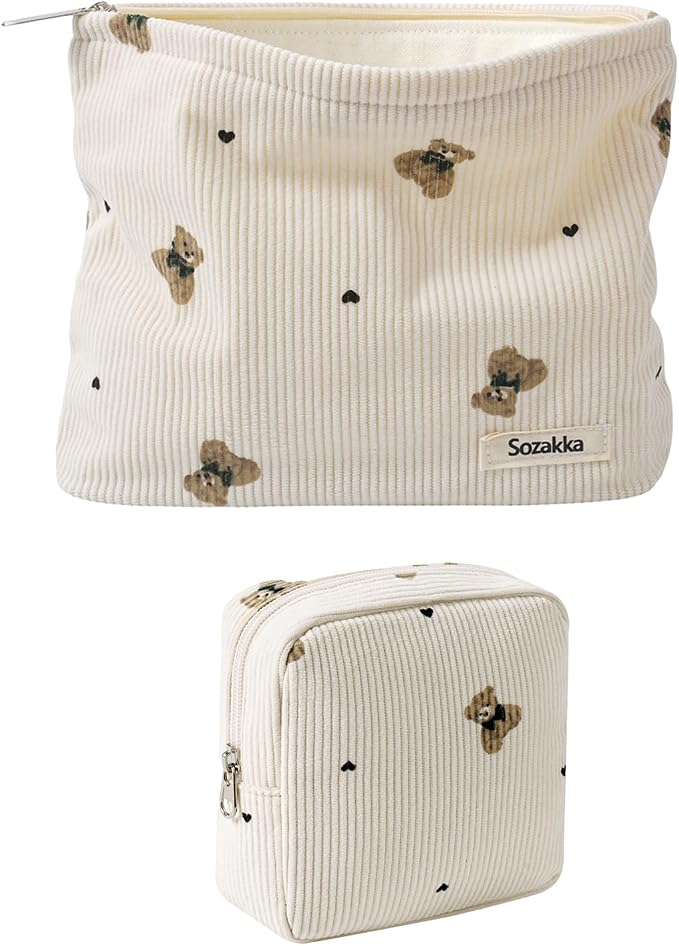 uekeboag 2Pcs Cute Small Soft Corduroy Zipper Makeup Bag for Purse, Coquette Aesthetic Pouch with Bear Pattern for Women Girls, Kawaii Travel Cosmetic Bags（Beige Set）