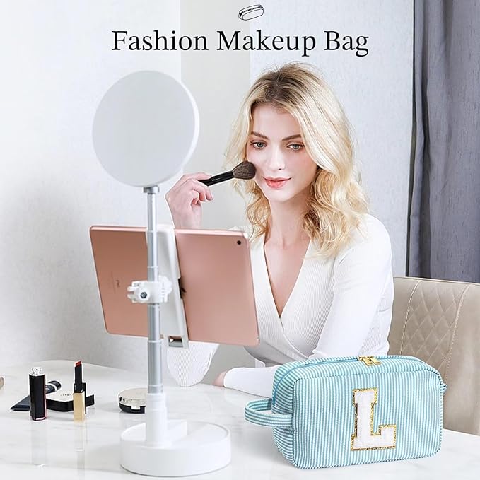 YOOLIFE Initial Makeup Bag - Personalized Monogram Cute Blue Makeup Bag Cosmetic Travel Toiletry Pouch Make Up Case for Women Mom Best Friend Bridesmaid Sister Teacher, Birthday Gifts for Women Her H
