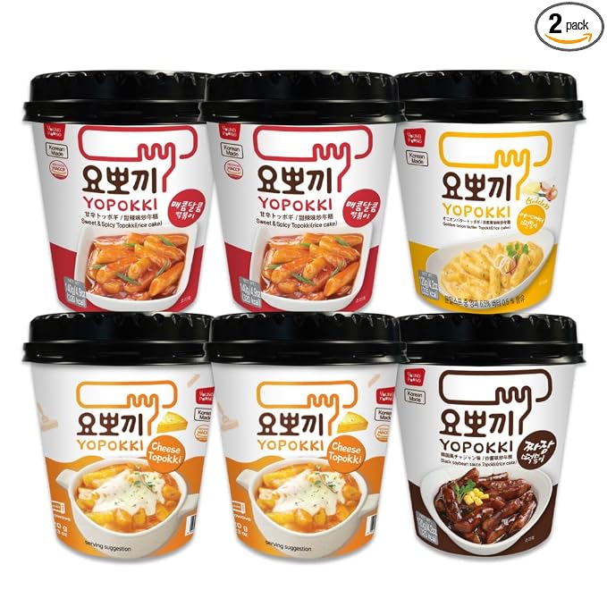 Yopokki Instant Tteokbokki Rice Cakes Korean, Variety Topokki Cup - Great with Cheese and Ramen Toppings, Korean Snacks for College Dorm, Korean Street Food Quick & Easy to Prepare, Pack of 6