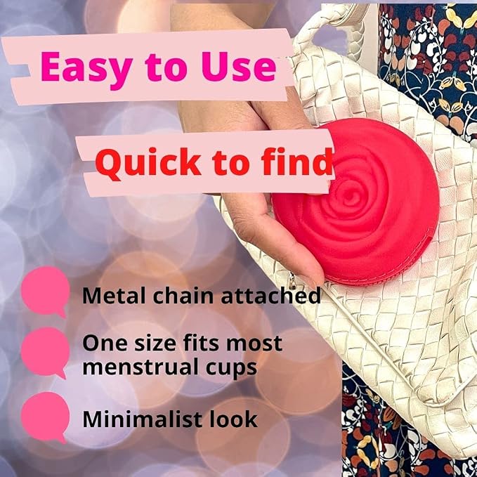 Adorable Pink Peri - Menstrual Period Cup Case Storage Bag | Rose Design + Silicon Material | Easy to carry, clean, and use | Metal Chain attached | Multi-use for any small items - Red