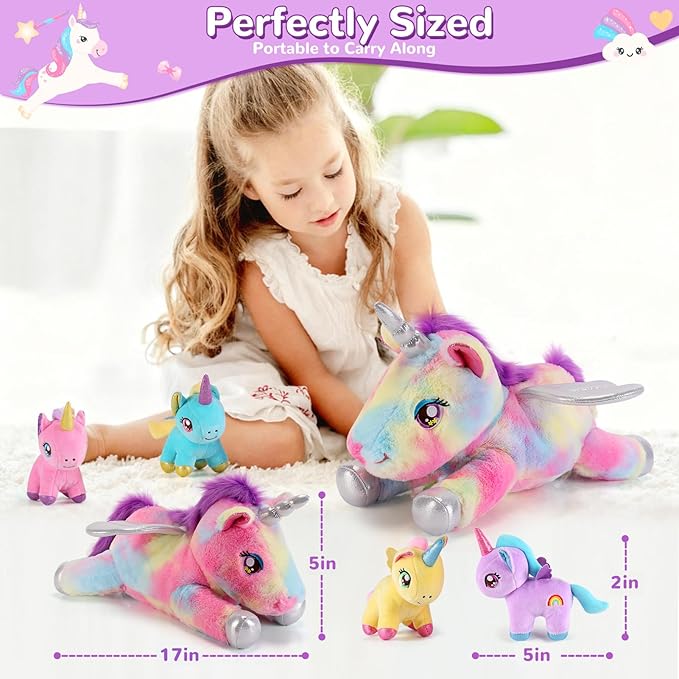 5 Pieces Unicorn Stuffed Animals - 1 Mommy Stuffed Unicorn with 4 Babies - Unicorns Gifts for Girls Ages 3-8, Unicorns Plush Toys for Christmas, Valentine's, Birthday Gifts (Rainbow)