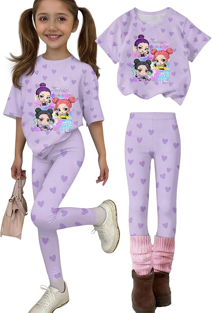 K Pop Short Sleeve T-Shirt and Pants Outfits Set for Girls Hunters Rumi Mira Zoey Graphic Tees De-Mon Kids