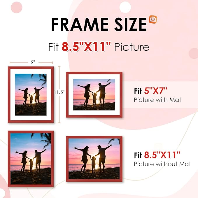 FIXSMITH 8.5x11 Picture Frame Set of 2, Red Photo Frame with HD Plexiglass, Display Pictures 6x8 with Mat or 8.5x11 Without Mat, Black Picture Frames Collage Wall Decor, Gallery Wall Frame