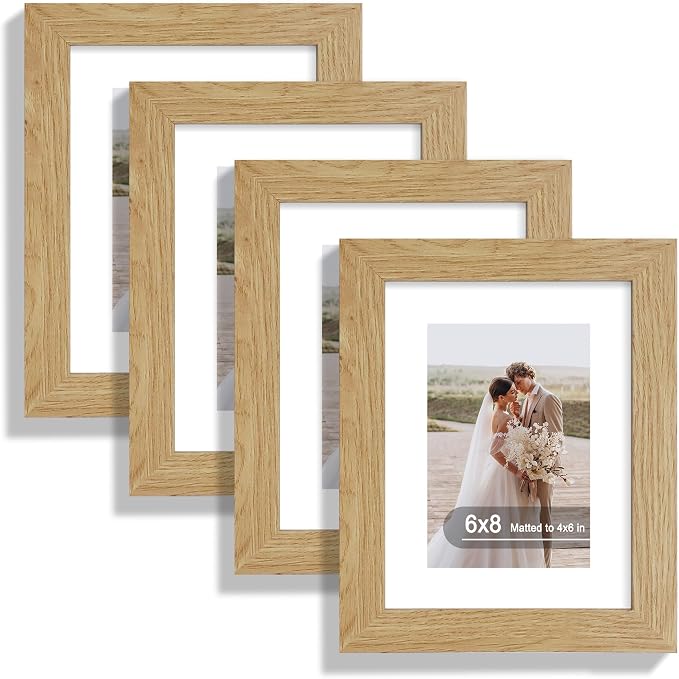 Hongkee 6x8 Picture Frame Set of 4, Made of Real Glass and Natural Oak Frame - Display Picture 4x6 with Mat or 6x8 Without Mat, 6 by 8 Photo for Wall or Tabletop