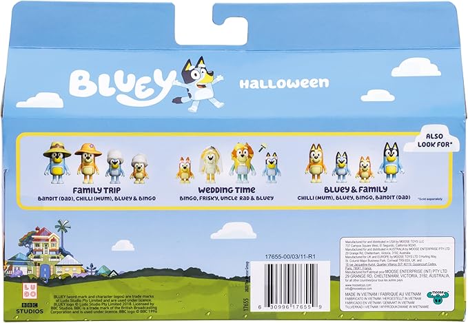 Bluey Figure 4-Packs, Halloween, 2.5" Poseable, Bingo, Chloe & Lucky Dressed in Halloween Costumes, with Accessories, Kids Can Recreate Their Favorite Moments