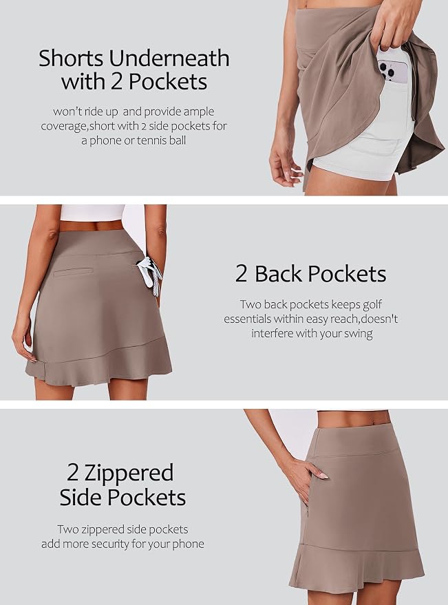 PINSPARK 18" Golf Skorts for Women with 6 Pockets Ruffle Athletic Skort | Above the Knee,High Waist,UPF 50+,4-way Stretch,Lightweight,Ruffle Hem,Tennis,Casual,Work,Pickleball