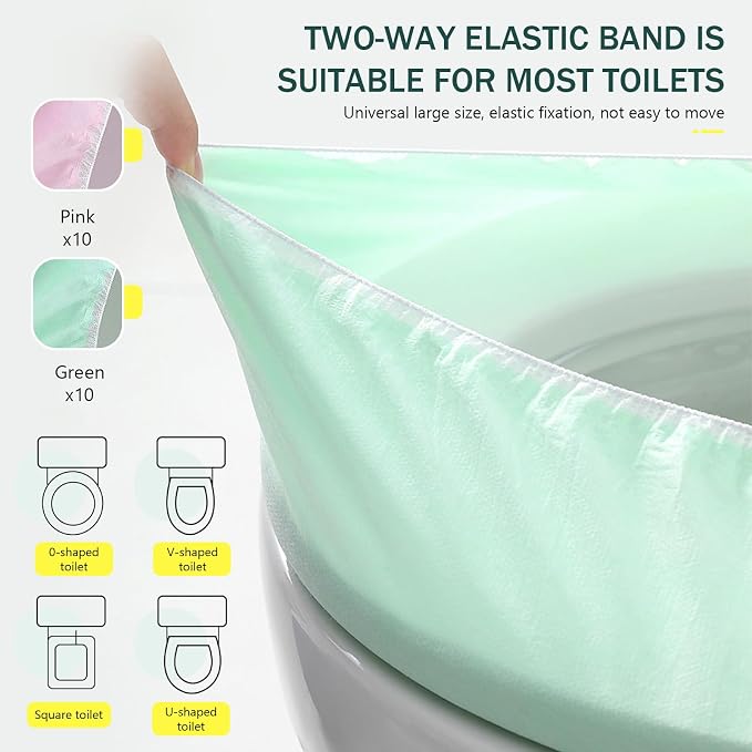 Elastic Large Size Disposable Toilet Seat Covers for Travel,20 Pack Waterproof Toilet Seat Covers for Bathroom,Fit for V/U/O/Square Shape Toilet,Individually Wrapped (2 colors-B set)