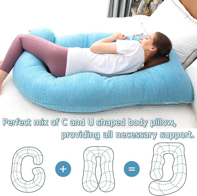 MOON PINE Pregnancy Pillow, U Shaped Full Body Pillow for Maternity Support, Sleeping Pillow with Cover for Pregnant Women (Light Blue)