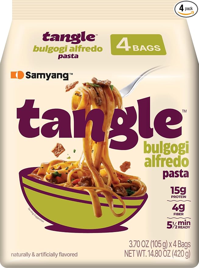 Tangle Bulgogi Alfredo Instant Pasta, 15g Protein Fettuccine, 4g Fiber 4pk | 15g protein, 4g fiber per serving; Chickpea-based air-dried noodle; Sweet-savory bulgogi meets creamy alfredo; Ready in 5min