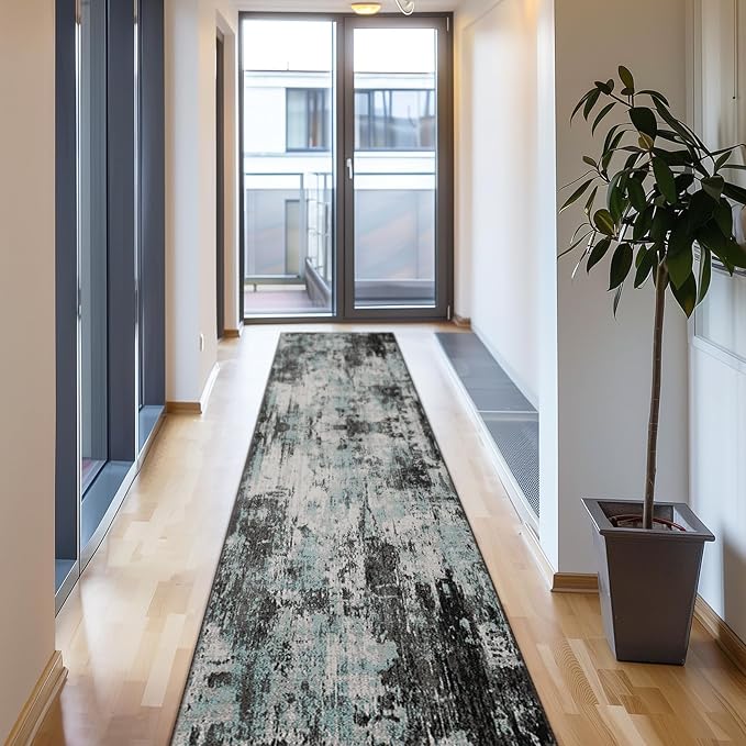 RELEANY Washable Runner 2'x10' Abstract Area Rug for Hallway Teal Black | carpet for kitchen, entryway, bathroom, living room, bedroom, printed pattern, non-slip, soft, stain-resistant, easy to clean