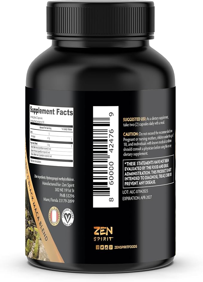 Zen Spirit Maca Root Capsules for Women & Men - Black Red Yellow - Gelatinized maca Powder Blend, 180 Pills 500mg per Vegan Capsule, Non-GMO, Gluten-Free Dietary Supplement, 90-Day Supply