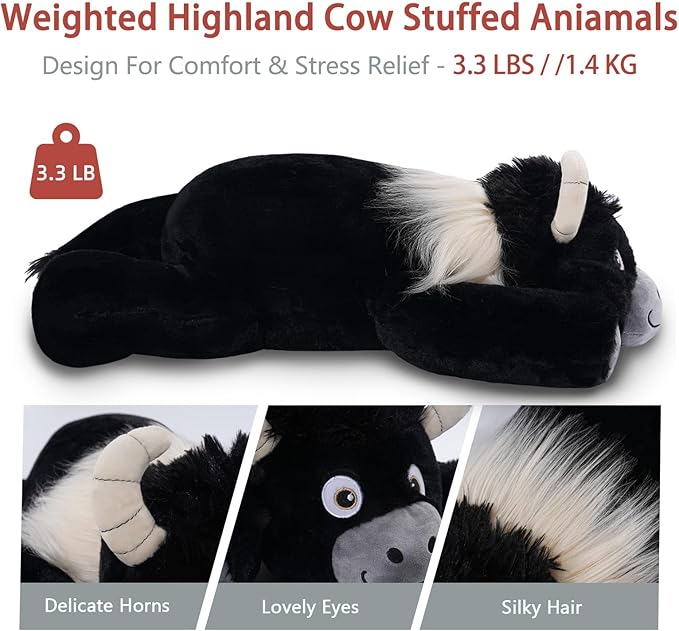 Niuniu Daddy 20" | 3.3 Pound HighIand Cow Weighted Plush Animals, Large Highland Cow Pillowfort Stuffed Lap Animal Toys for Kids Adults, Big Plushy Body Pillow for Gifts Birthday Christmas Holiday