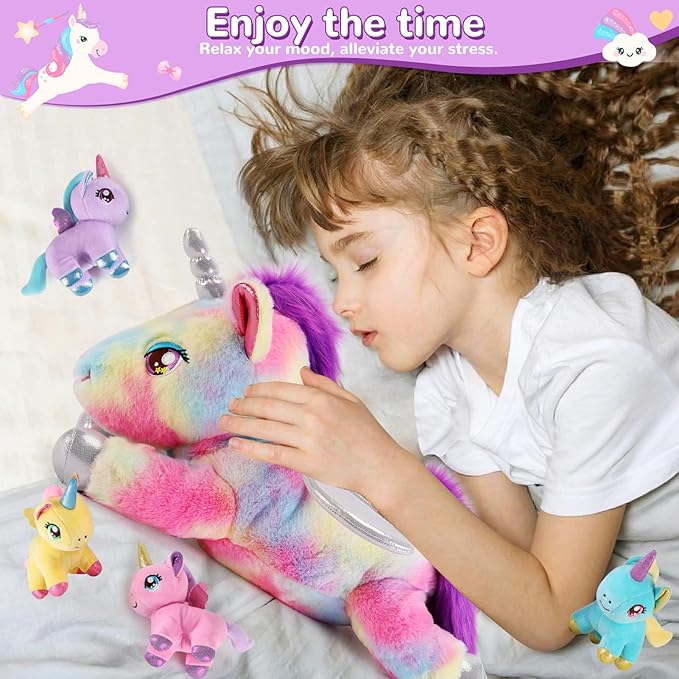5 Pieces Unicorn Stuffed Animals - 1 Mommy Stuffed Unicorn with 4 Babies - Unicorns Gifts for Girls Ages 3-8, Unicorns Plush Toys for Christmas, Valentine's, Birthday Gifts (Rainbow)