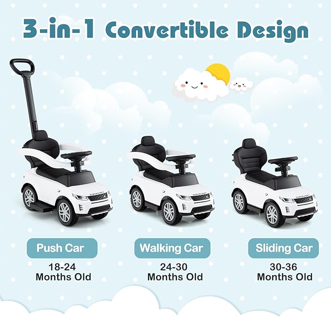 Costzon Push Car for Toddlers, 3 in 1 Land Rover Discovery Stroller Sliding Walking Car with Handle, Horn Sound, Underneath Storage, Armrest Guardrail, Foot-to-Floor Ride On Toy for Boys Girls (White)