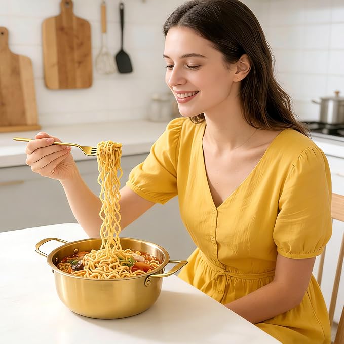 2-Pack Stainless Steel Korean Ramen Pot 7" & 7.8" with Lid Utensils | Noodle Cooking Pot Comes with Spoon, Chopsticks & Fork for Soup, Pasta and Daily Cooking