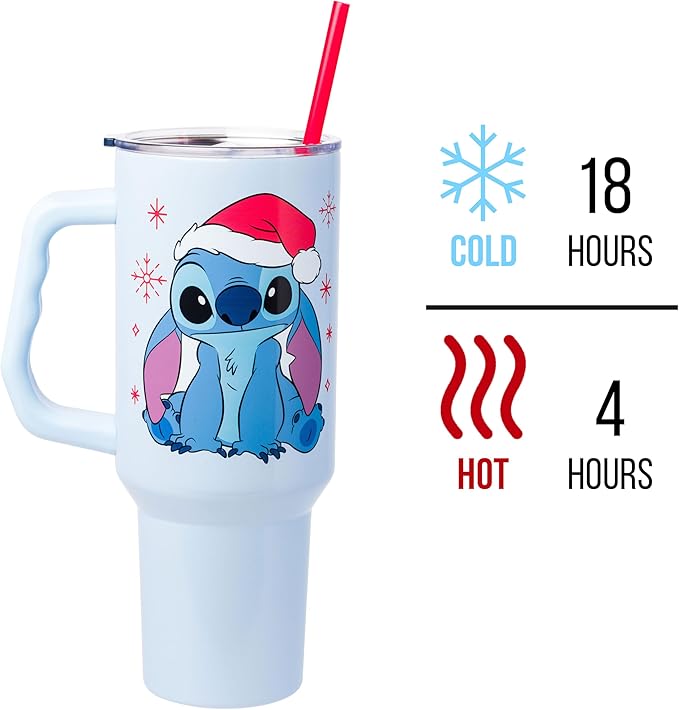 Silver Buffalo Disney Lilo and Stitch Christmas Holiday Santa Hat and Snowflakes Double Walled Stainless Steel Tumbler with Handle and Straw, Fits in Standard Cup Holder, 40 Ounces