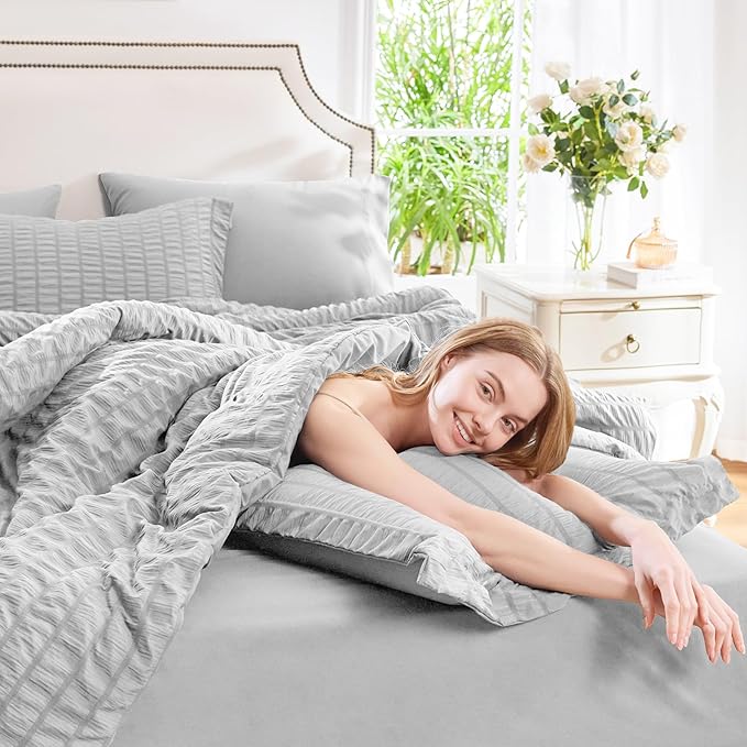 CozyLux Full Size Comforter Sets with Sheets 7 Pieces, Light Grey Seersucker Bed in a Bag Textured Luxury Soft Light Gray Bedding Set Down Alternative Comforter, Sheets, Pillowcases & Shams All Season