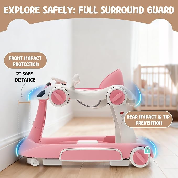 6 in 1 Foldable Baby Walker, Activity Baby Walker-Baby Bouncer, Rocker, Activity Center,Push Walker,Detachable Trampoline Mat, Adjustable Speed Rear Wheels and Height,Music & Lights,Ages 6-18 Months