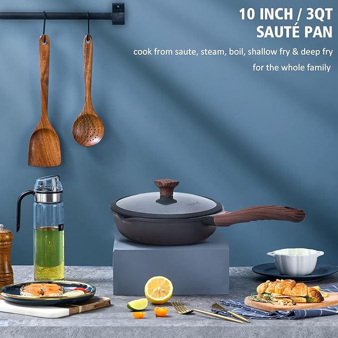 Vinchef Nonstick Deep Frying Pan Saute Pan with Lid, 10in/3Qt Skillet Pan, German 3C+ Ceramic Coating Technology, Aluminum Casting, Induction Compatible | German 3C+ ceramic nonstick, PFOA-free. Induction/gas compatible. Heat indicator handle. Lightwei...