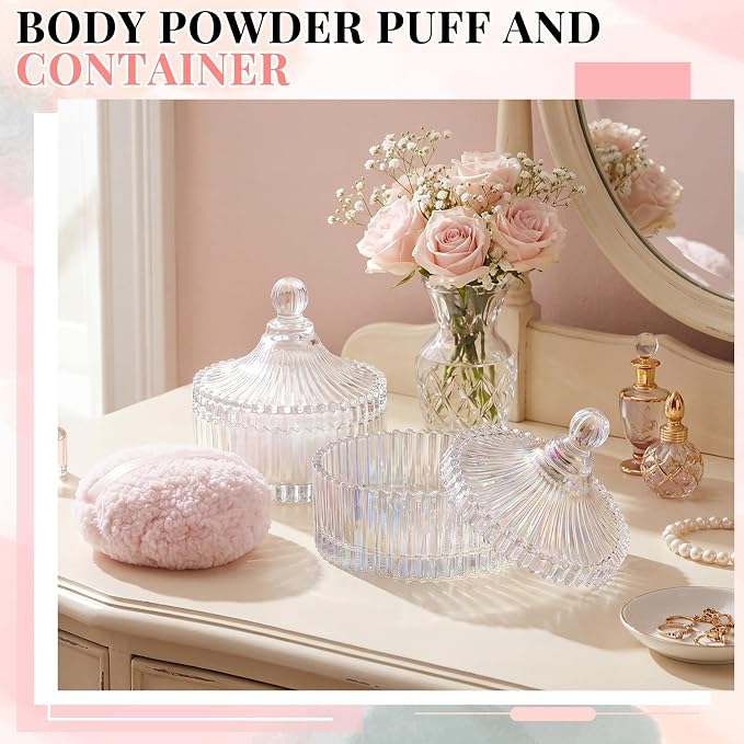 Tioncy 2 Set Extra Large Body Powder Puff and Container, 6'' Washable Vintage Decorative Crystal Powder & Container Gift for Bathroom Counter & Feminine Vanity Decor(Classic,Dazzling and Clear)