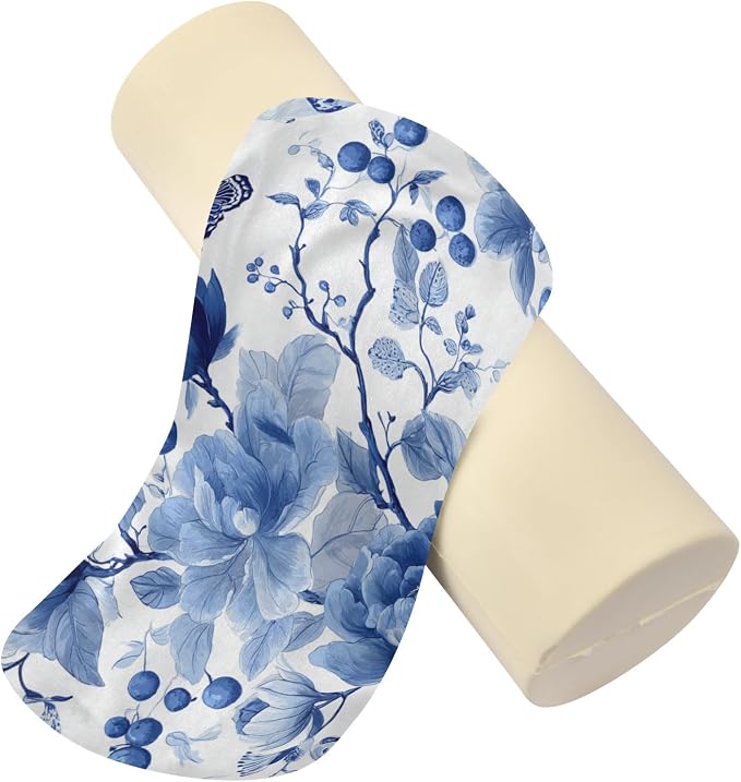 Blue White Flower Neck Roll Pillow Bolster Round Health Memory Foam Long Cervical Roll Cylinder Pillows with Removable Washable Cover for Body Bed Legs Back Yoga