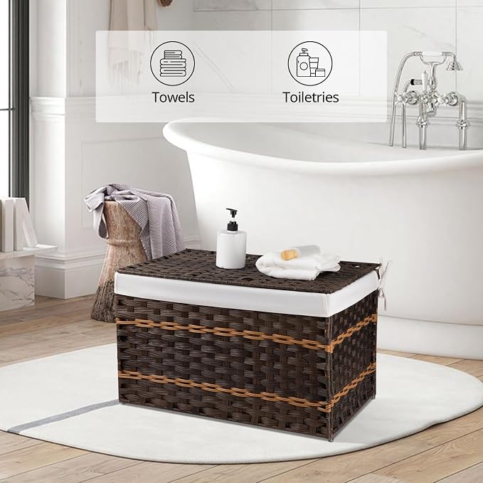 OIAHOMY Storage Basket with Lid, 27.7 Gallon (105L) Blanket Basket with Removable Liner Bag, Synthetic Wicker Hamper with Handle, Hamper for Living Room, Brown