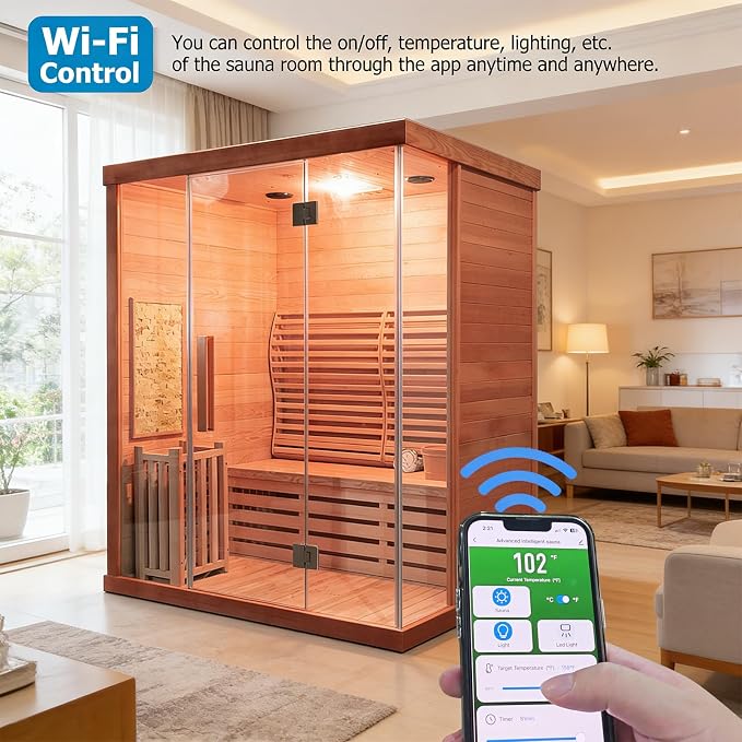 Smartmak Wood Home Traditional Steam Sauna, Wifi Control 4 Person Luxurious Indoor Canadian Red Cedar Wooden Spa Room, with 6 kw Heater, Backrest, Bluetooth Speaker, Rocks, Water Bucket, Spoon, Lights