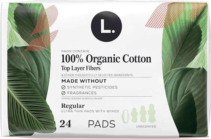 Ultra Thin Pads for Women, Organic Cotton Top Layer, Regular Absorbency, Menstrual Pads with Wings, Made Without Synthetic Pesticides and Fragrances, 24 Count