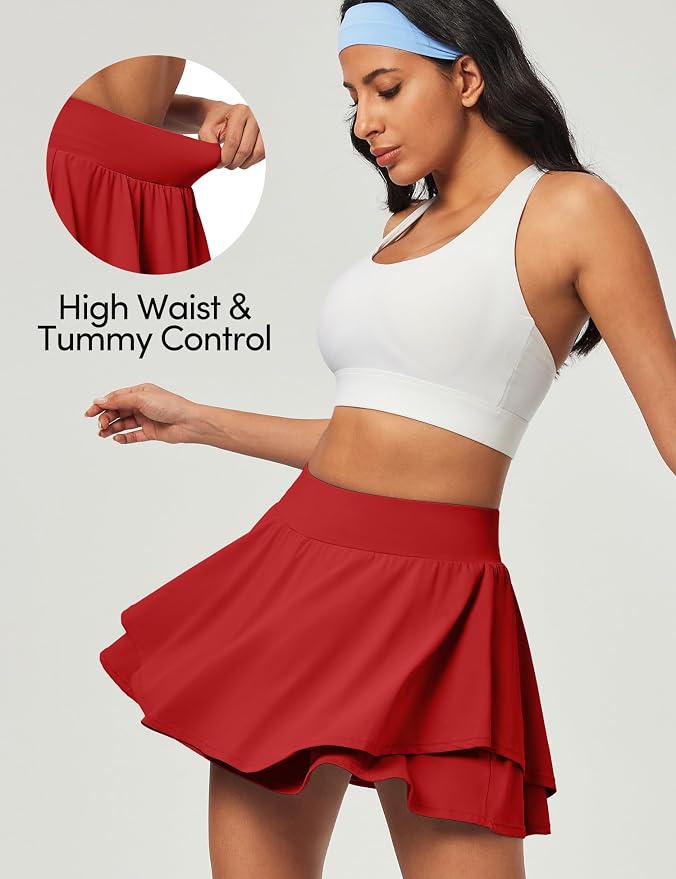 IUGA Tennis Skirt Pleated Skorts for Women with Pockets Skirts for Women | Double Ruffle Skort , Built-In Shorts, 2 Pockets, Tummy Control Breathable, Quick-dry, for Golf, Athletic, Running, Workout