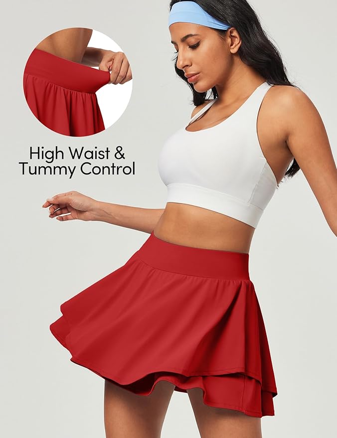 IUGA Tennis Skirt Pleated Skorts for Women with Pockets Skirts for Women | Double Ruffle Skort , Built-In Shorts, 2 Pockets, Tummy Control Breathable, Quick-dry, for Golf, Athletic, Running, Workout