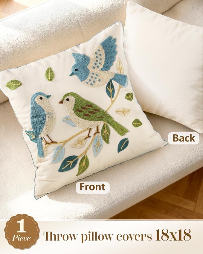 Animal Embroidered Throw Pillow Cover 18x18 Inch, Floral Birds | Decorative Pillow Cover, Cottagecore Cushion Cases with Hidden Zipper, Farmhouse Decor for Couch, Sofa, Living Room
