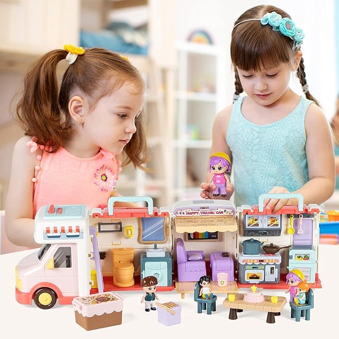 Doll House Toys for Girls 3 4 5 6 7 8+ Year Old, Transformable House Pretend Play Set Dollhouse Inertia Vehicle with Sound and Music for Birthday Gifts 3+